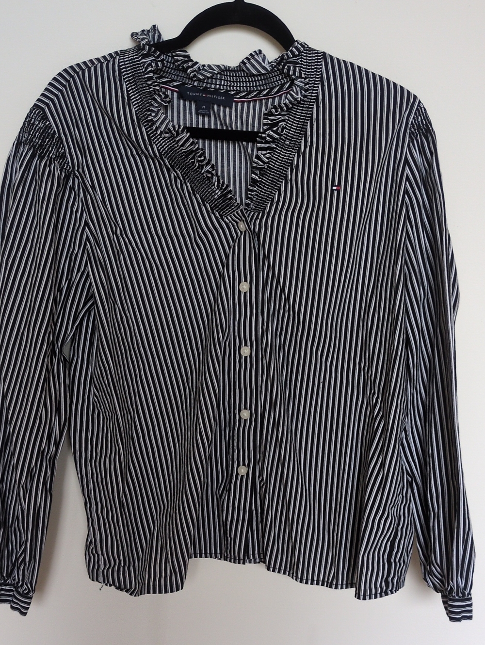 Tommy Hilfiger Black and White Striped Ruffle V-Neck Button-Down
